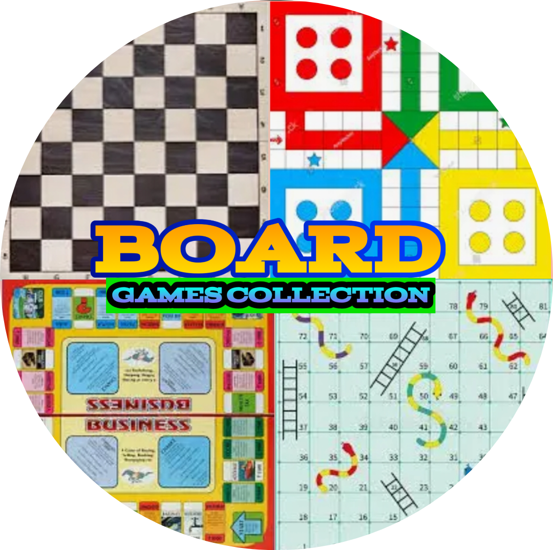 Board Games Collection Logo split into four quadrants showing a chessboard, a Ludo board, a Business men board, and a Snakes and Ladders board