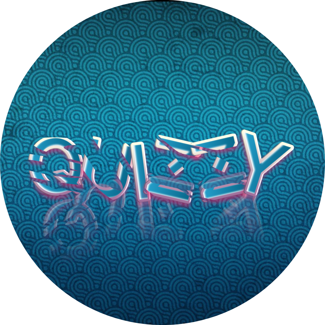 Quizzy Logo featuring a stylized, fragmented 3D font in light blue and pink neon on a textured teal wave background